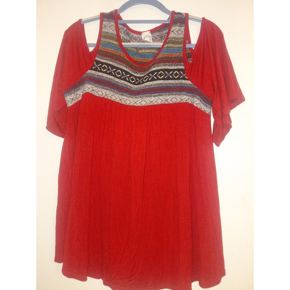 Sun & Moon Bohemian Red And Woven Aztec Design 3/4 Sleeve Blouse